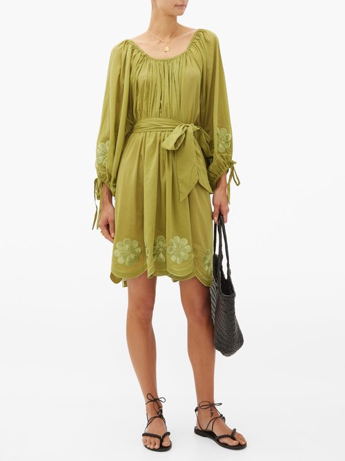 Innika Choo Frida Burds Floral-embroidered Cotton-voile Dress Green - 50% Off Sale