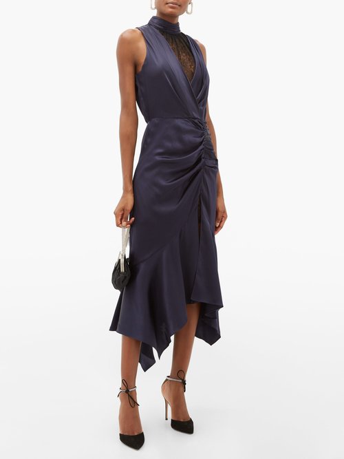 Jonathan Simkhai Ruched Chantilly-lace And Silk-charmeuse Dress Navy Multi - 50% Off Sale