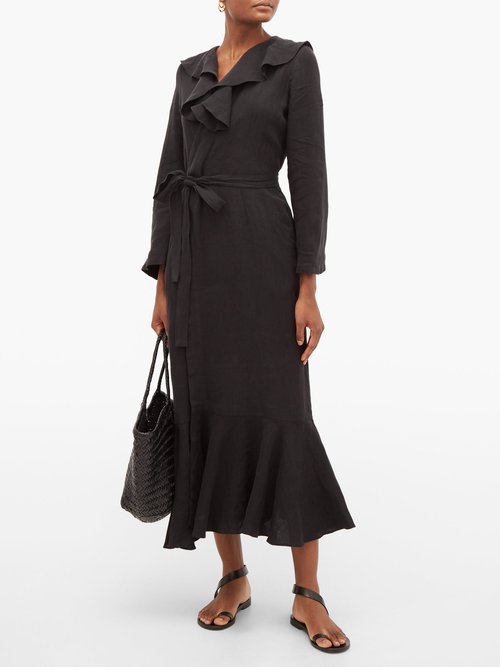 Casa Raki Esme Ruffled Linen Wrap Dress Black - 50% Off Sale