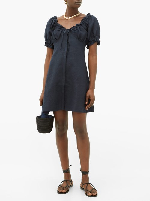 Buy Casa Raki Valentina Puff-sleeved Linen Dress Navy online - shop best Casa Raki clothing sales