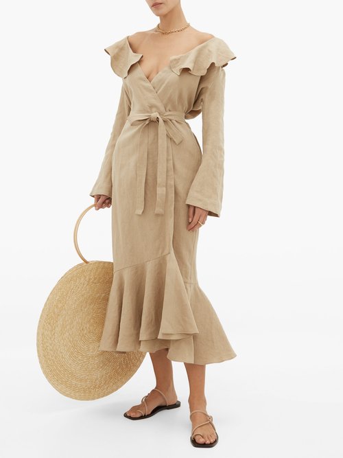Casa Raki Esme Ruffled Linen Wrap Dress Beige - 70% Off Sale
