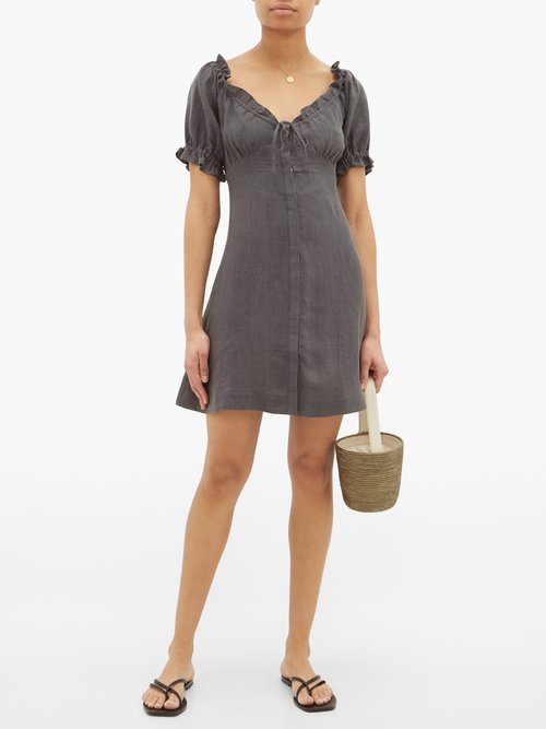 Casa Raki Valentina Puff-sleeved Linen Dress Grey - 30% Off Sale