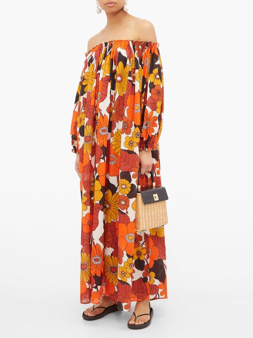 Dodo Bar Or Julie Off-the-shoulder Floral-print Cotton Dress Brown Print - 50% Off Sale