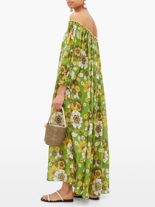Buy Dodo Bar Or Julie Off-the-shoulder Floral-print Cotton Dress Green Print online - shop best Dodo Bar Or clothing sales