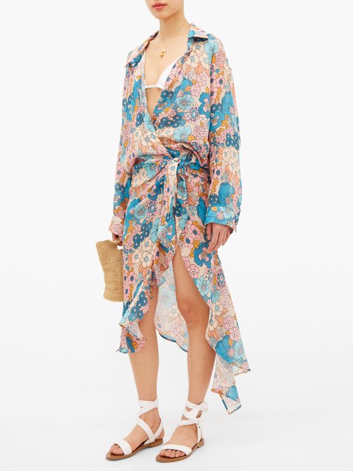 Dodo Bar Or Vivi Floral-print Waterfall-wrap Cotton Dress Cream Print - 50% Off Sale