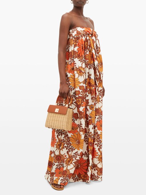 Dodo Bar Or Zaza Floral-print Pleated Strapless Maxi Dress Brown Print - 50% Off Sale