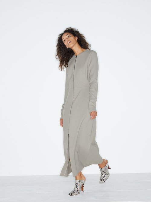 Buy Raey Zip-front Wool-crepe Midi Dress Grey online - shop best Raey clothing sales