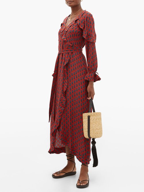 Buy D'Ascoli Mileta Ruffle-trimmed Printed-silk Wrap Dress Red online - shop best D'Ascoli clothing sales