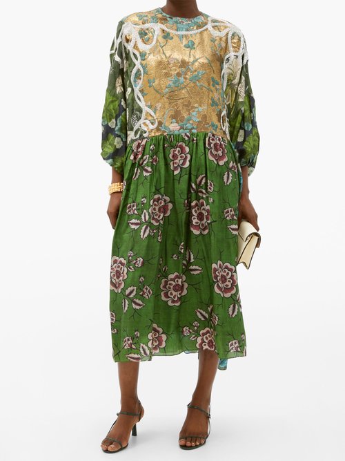 Biyan Algo Embroidered Floral-print Silk-blend Dress Green Multi