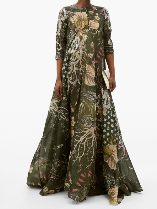 Biyan Geneta Beaded Floral-print Silk Maxi Dress Green Multi