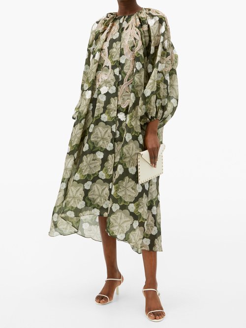 Biyan Arum Beaded Floral-print Silk-organza Dress Beige Multi