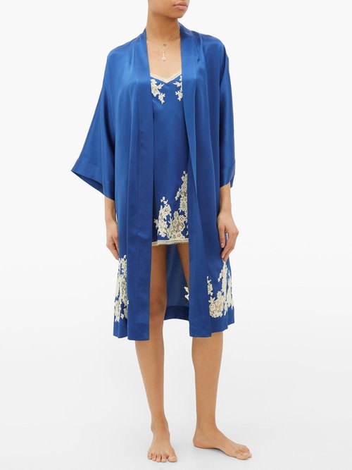 Carine Gilson Lace-trimmed Silk-satin Slip Dress Blue Multi - 40% Off Sale