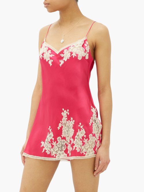 Buy Carine Gilson Chantilly Lace-trimmed Silk-satin Nightdress Pink Multi online - shop best Carine Gilson clothing sales