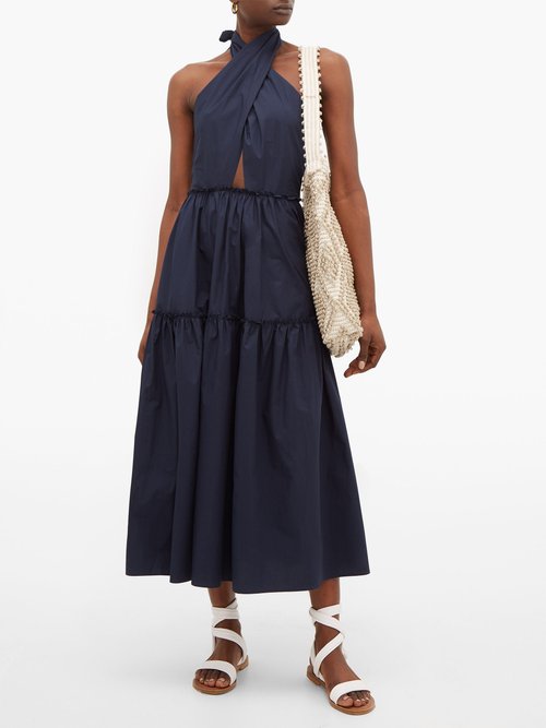 On The Island By Marios Schwab Rainha Crossover Halterneck Cotton-poplin Dress Navy - 30% Off Sale