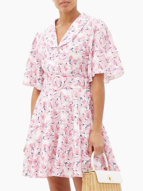 Gül Hürgel Belted Floral-print Linen Mini Dress Pink Print - 60% Off Sale