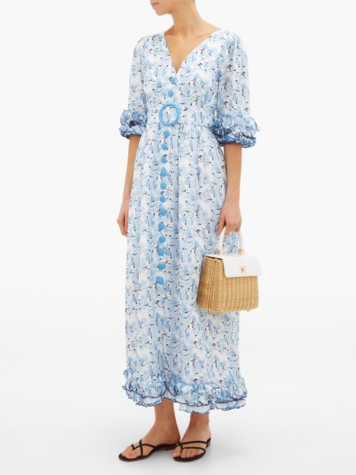Gül Hürgel Belted Floral-print Linen Dress Blue Print - 60% Off Sale