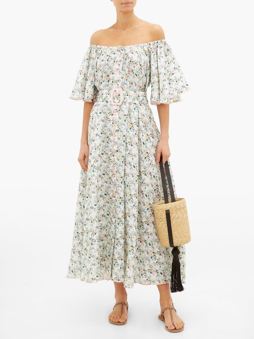 Gül Hürgel Off-the-shoulder Belted Floral-print Linen Dress White Multi - 50% Off Sale