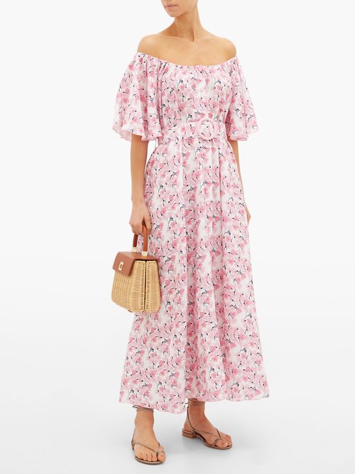 Gül Hürgel Floral Off-the-shoulder Linen Dress Pink Print - 50% Off Sale
