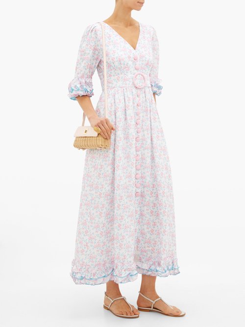 Gül Hürgel Ruffled Sleeve Floral-print Linen Dress Pink Multi - 60% Off Sale
