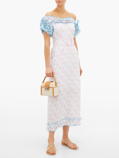 Gül Hürgel Ruffled Off-shoulder Floral-print Linen Dress Pink Multi - 40% Off Sale