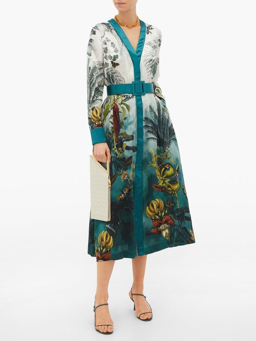 F.r.s For Restless Sleepers Clizio Bird-print Belted Silk Dress Blue Multi - 50% Off Sale