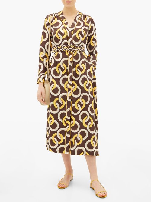F.r.s For Restless Sleepers Clizio Belted Chain-print Silk-satin Dress Brown Multi - 70% Off Sale