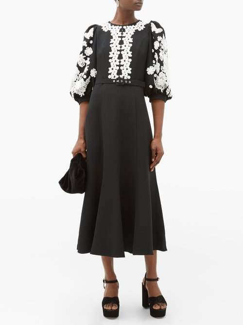 Andrew Gn Balloon-sleeve Lace-trimmed Crepe Dress Black White - 60% Off Sale