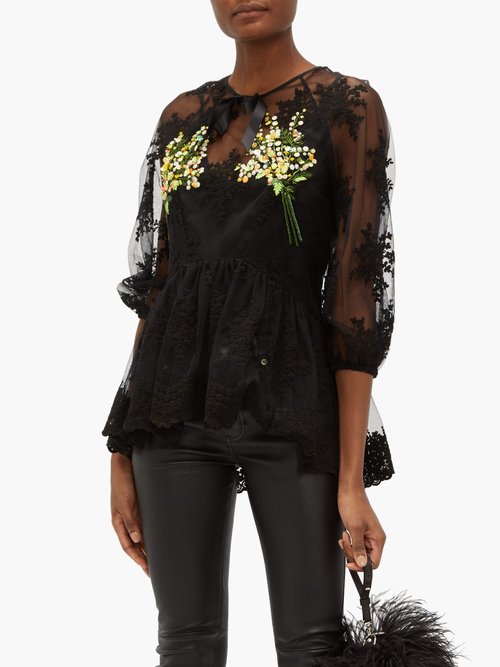 Romance Was Born Mimosa Floral-embroidered Tulle Top Black – 70% Off Sale