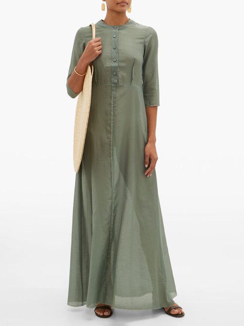 Albus Lumen Andrea Raw-seam Cotton-blend Maxi Dress Green - 30% Off Sale