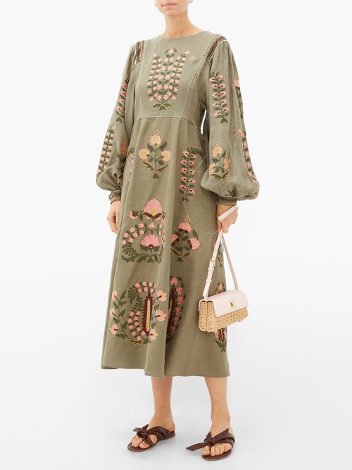 Buy Vita Kin Patchouli Embroidered-linen Dress Green Multi online - shop best Vita Kin clothing sales