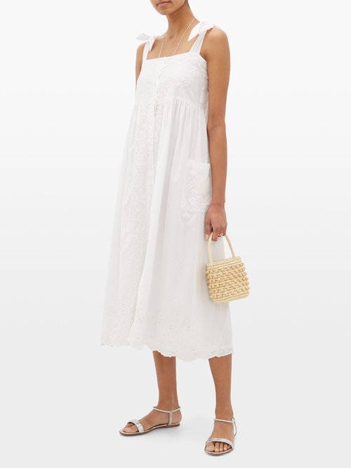 Juliet Dunn Mirror-work Floral-embroidered Cotton Midi Dress White - 30% Off Sale