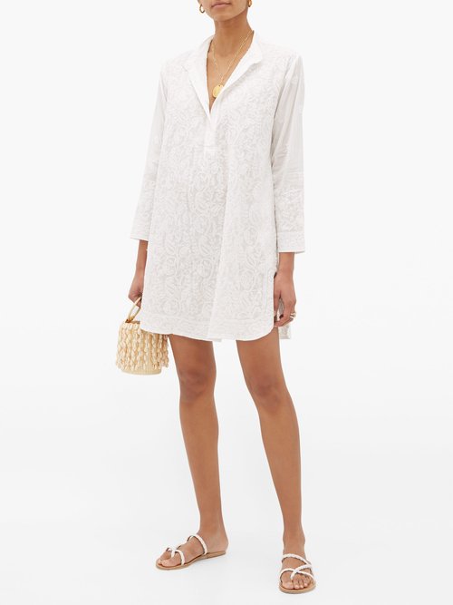 Juliet Dunn Floral-embroidered Side-slit Cotton Tunic Dress White - 30% Off Sale