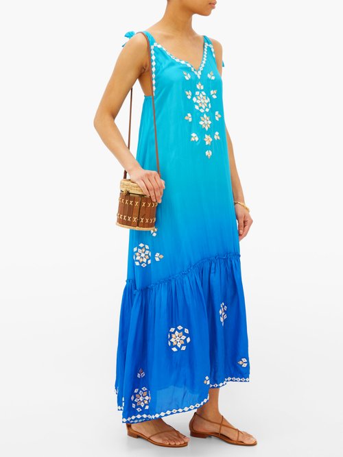 Juliet Dunn Ombré Mirror-embroidered Silk Maxi Dress Blue Multi - 70% Off Sale