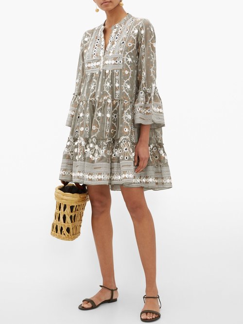Juliet Dunn Embroidered And Mirror-appliqué Cotton Dress Khaki Print