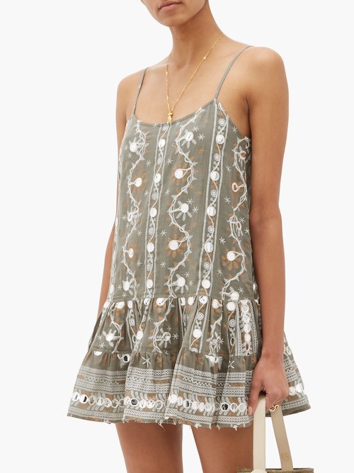 Juliet Dunn Nomad Mirror-embroidered Cotton Dress Khaki Print