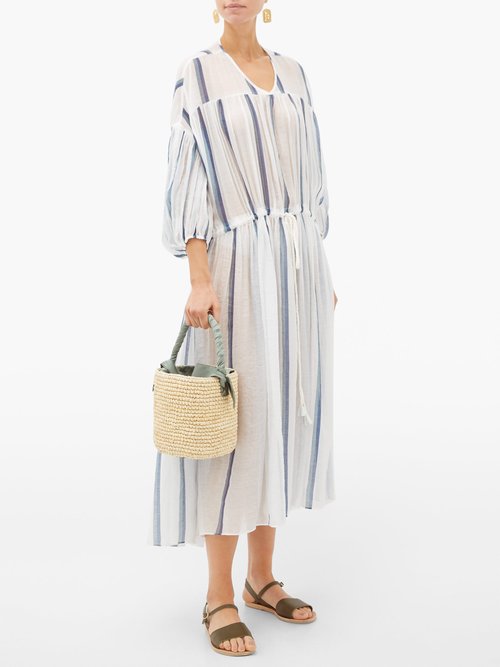 Love Binetti Monaco Balloon-sleeve Striped Cotton Dress White Stripe - 70% Off Sale