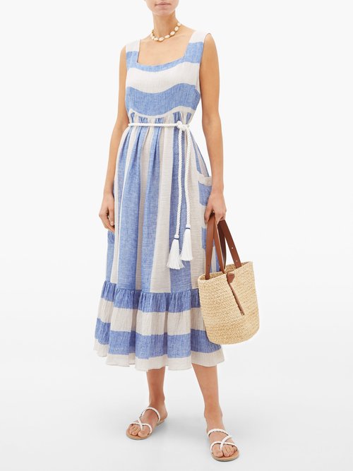 Love Binetti Sunny Striped Linen Midi Dress Blue Stripe - 50% Off Sale