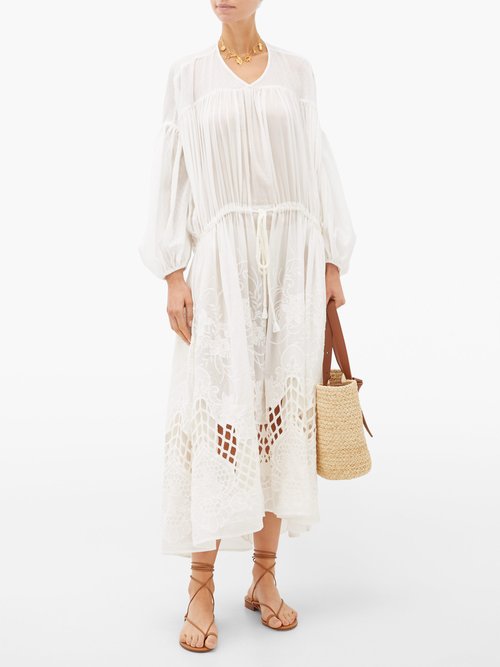 Love Binetti Esperanza Floral-embroidered Cotton Midi Dress Ivory - 60% Off Sale