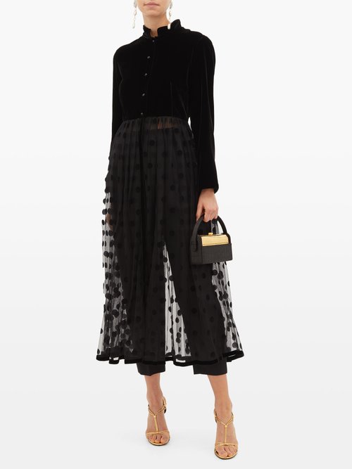 Loretta Caponi Lara Velvet And Polka-dot Tulle Midi Dress Black - 30% Off Sale