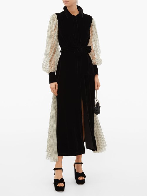 Loretta Caponi Holly Polka-dot Tulle-sleeve Velvet Dress Black White - 30% Off Sale
