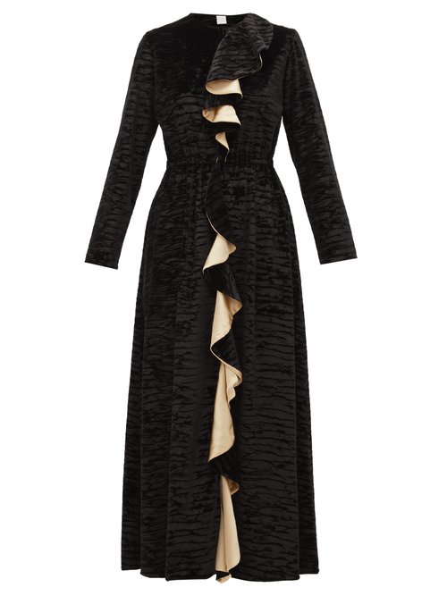Buy Loretta Caponi - Betty Ruffled Devoré-velvet Midi Dress Black Gold online - shop best Loretta Caponi clothing sales