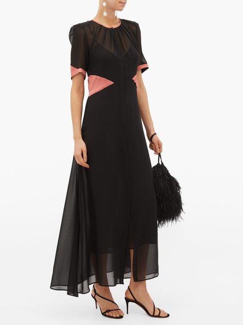 Loretta Caponi Lili Satin-trimmed Silk-georgette Dress Black Pink - 70% Off Sale