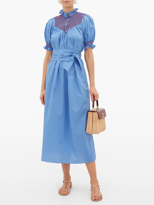 Loretta Caponi Elena Belted Smocked Cotton-poplin Midi Dress Blue - 30% Off Sale