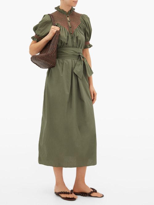 Loretta Caponi Elena Belted Smocked Cotton-poplin Midi Dress Khaki Multi - 30% Off Sale