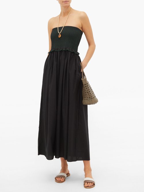 Loretta Caponi Luisa Bandeau Smocked Cotton Dress Black Green - 60% Off Sale