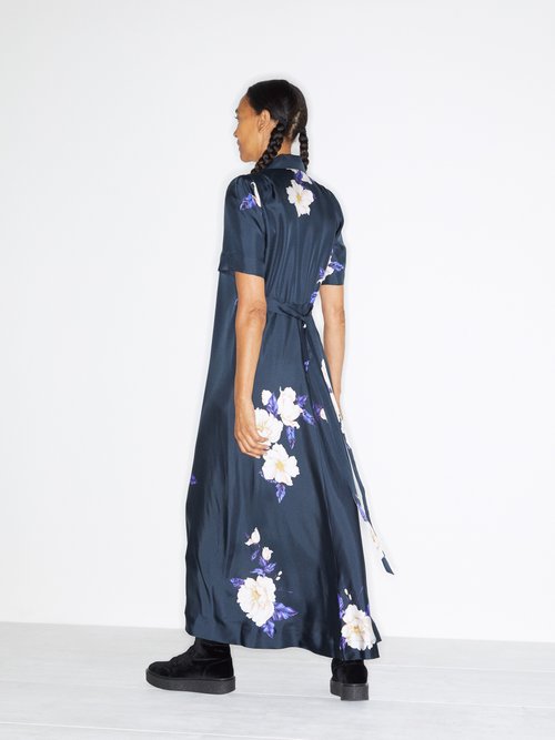 Raey Zip-front Floral-print Silk Dress Navy Print