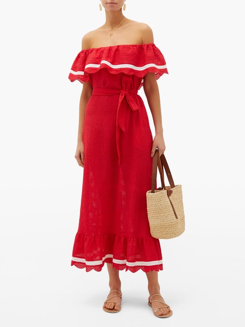 Marysia Lemnos Ruffled Broderie-anglaise Cotton Dress Red - 40% Off Sale