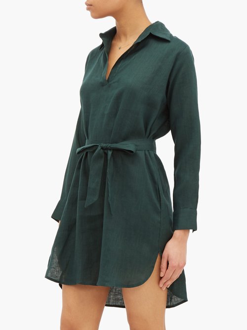 Pour Les Femmes Open-collar Tie-waist Linen Nightdress Dark Green - 30% Off Sale
