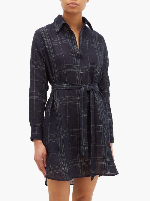 Pour Les Femmes Embroidered Linen-blend Shirt Dress Navy Print - 60% Off Sale