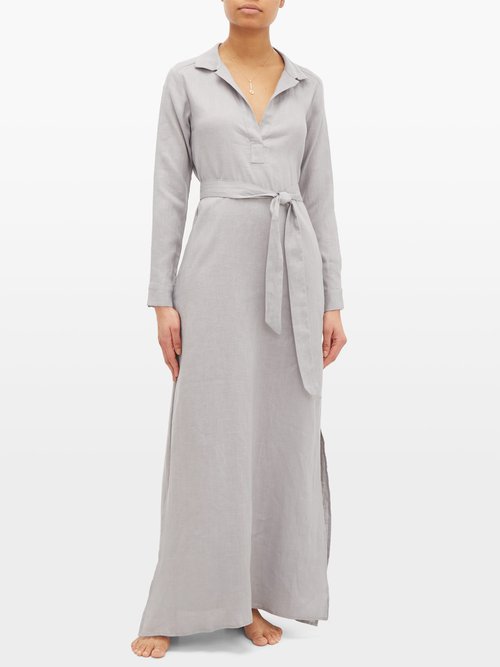 Buy Pour Les Femmes Open-collar Tie-waist Linen Nightdress Grey online - shop best Pour Les Femmes clothing sales